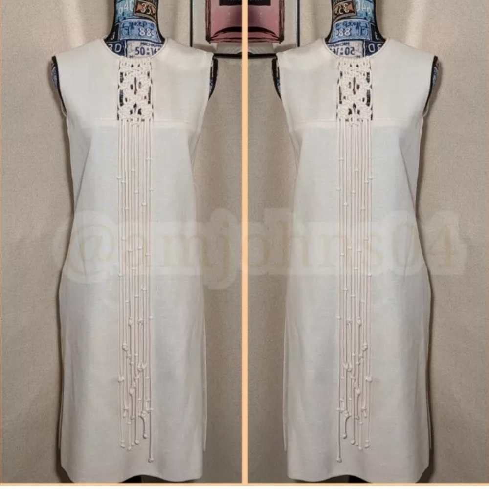 BH Wragge Vtg Midi Shift Rope Fringe Macrame Beaded Off White Midi Dress - Picture 13 of 15